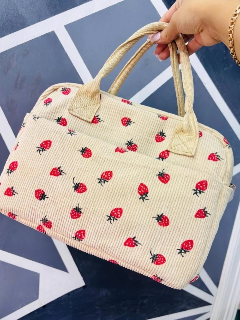 Primark Beige Corduroy Handbag with Red Strawberry Motif